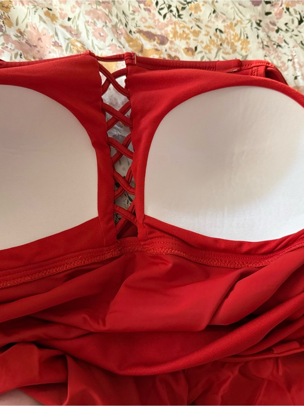 Red Off-Shoulder Ruffle & Lattice Swim Top - Picture 10 of 11